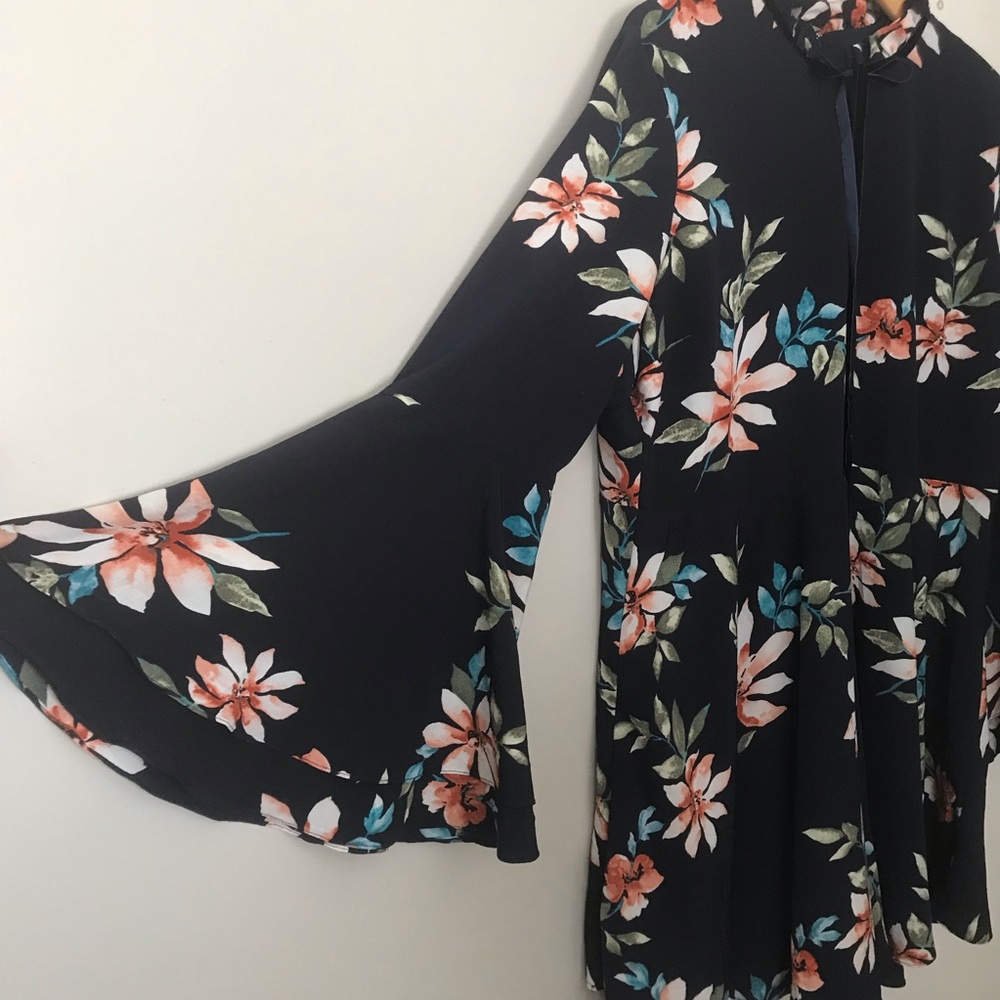 Navy Floral Formal Dress Ruffle Accents
